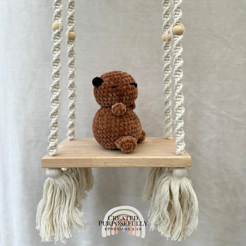 Handmade crochet capybara plush with a sweet face and chunky body made with soft yarn by Created Purposefully