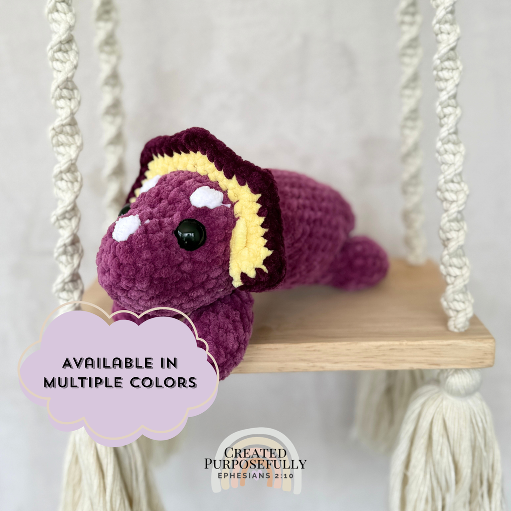 Handmade Laying Triceratops Plush | Soft Crochet Dinosaur Gift Multiple Colors Available