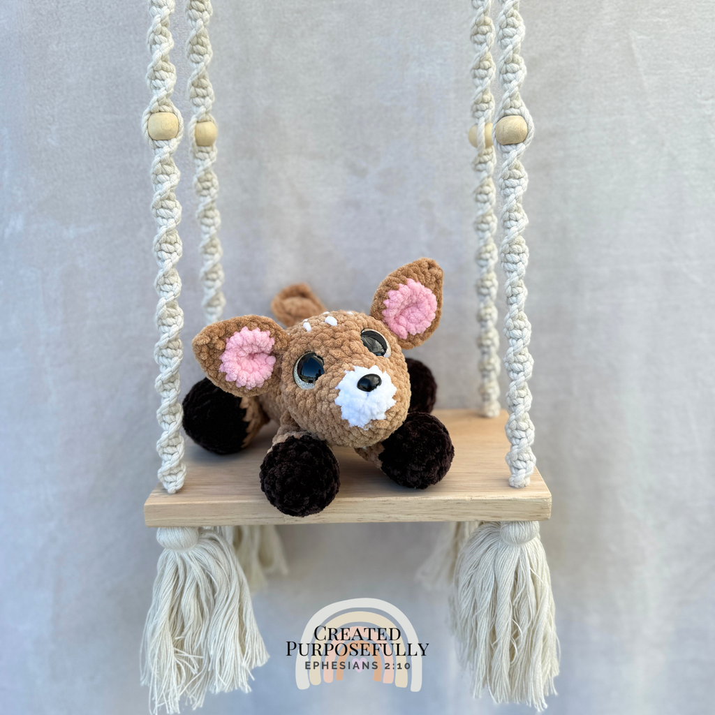 Handmade crochet baby deer fawn plush made with soft cuddly yarn by Created Purposefully