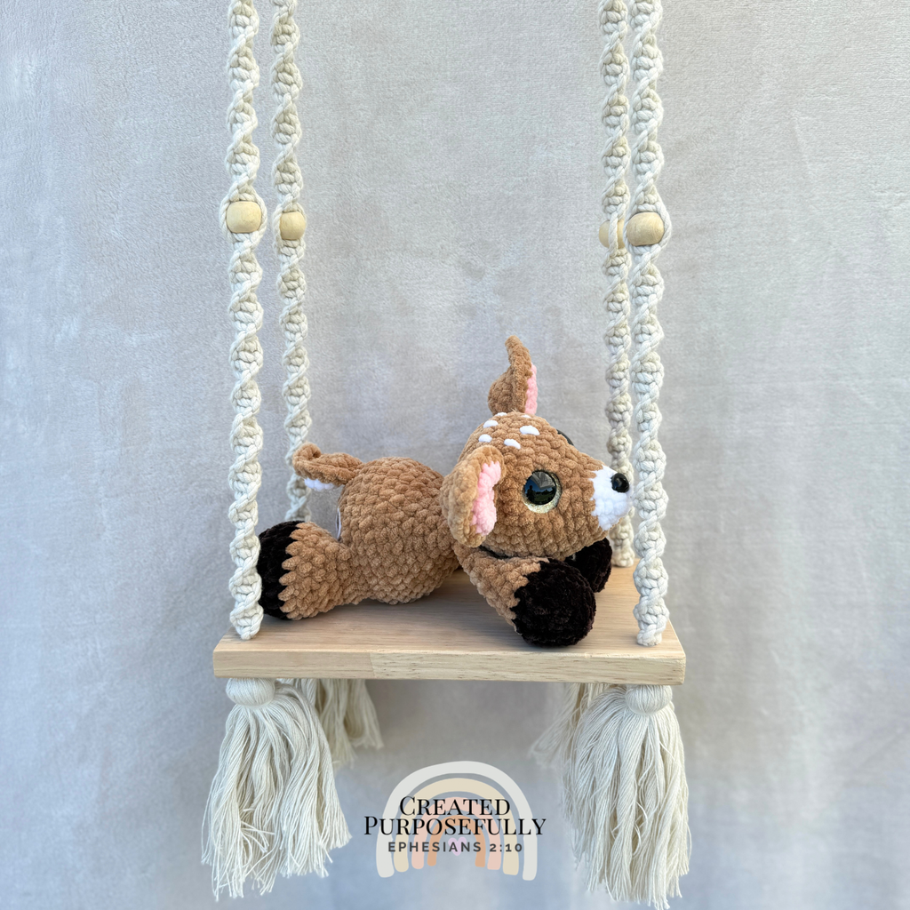Handmade crochet baby deer fawn plush made with soft cuddly yarn by Created Purposefully