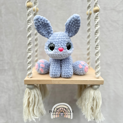 Handmade crochet bunny plush with long ears made with soft cuddly yarn by Created Purposefully