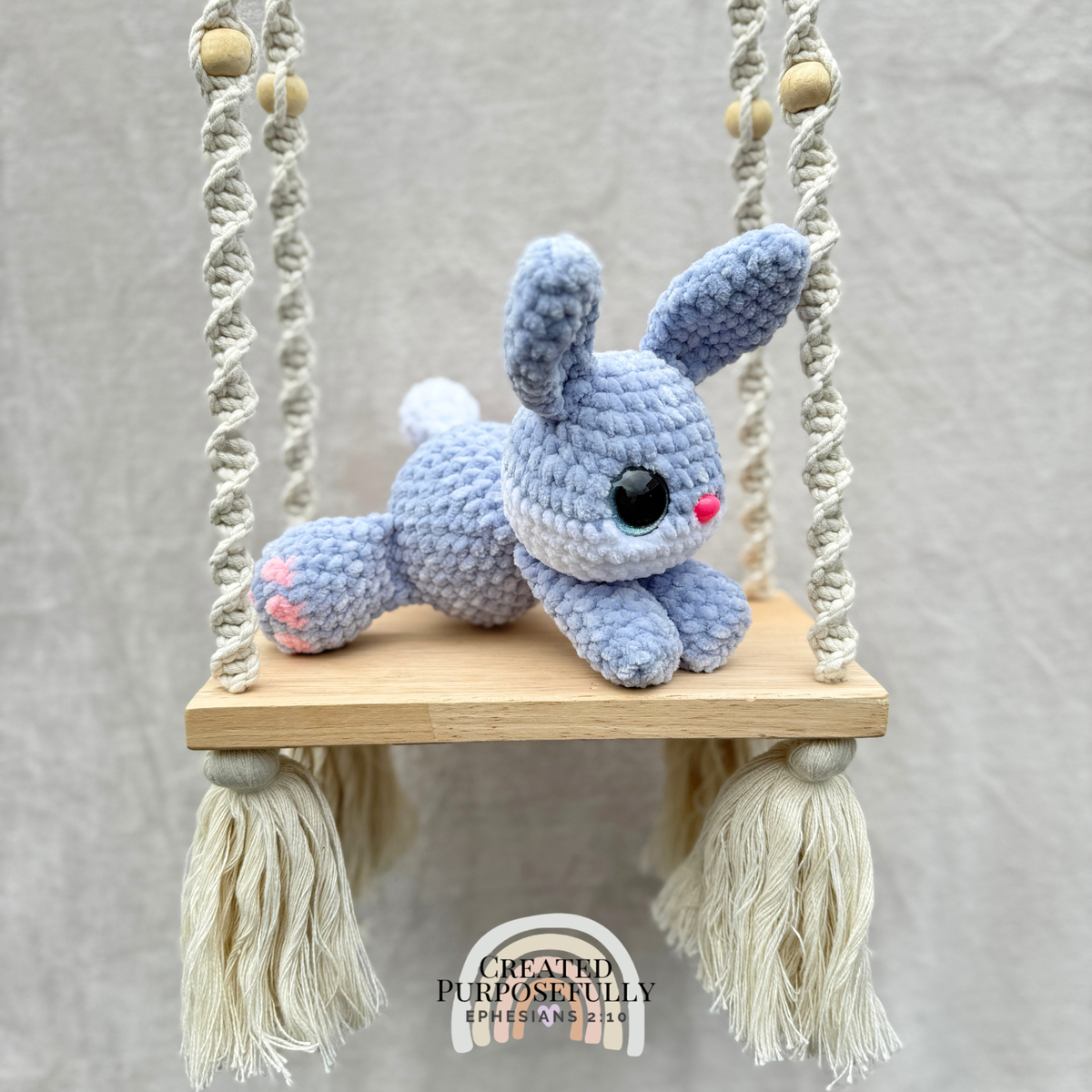 Handmade crochet bunny plush with long ears made with soft cuddly yarn by Created Purposefully