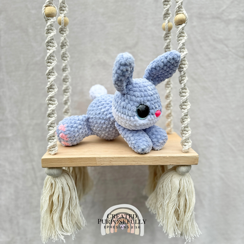 Handmade crochet bunny plush with long ears made with soft cuddly yarn by Created Purposefully