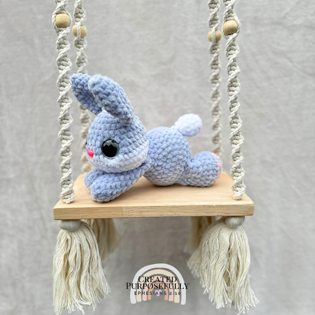 Handmade crochet bunny plush with long ears made with soft cuddly yarn by Created Purposefully