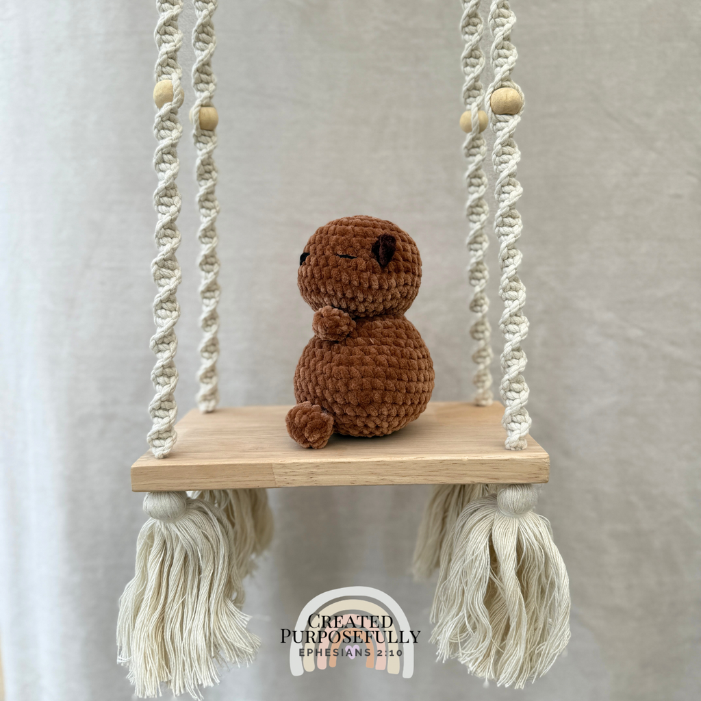 Handmade crochet capybara plush with a sweet face and chunky body made with soft yarn by Created Purposefully