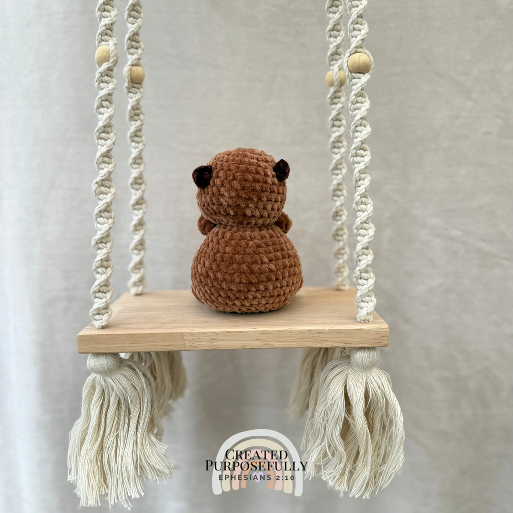 Handmade crochet capybara plush with a sweet face and chunky body made with soft yarn by Created Purposefully