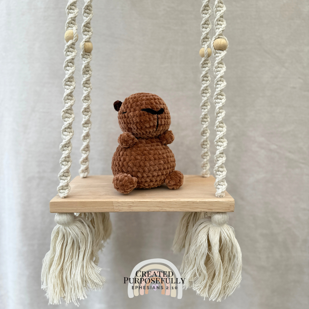 Handmade crochet capybara plush with a sweet face and chunky body made with soft yarn by Created Purposefully