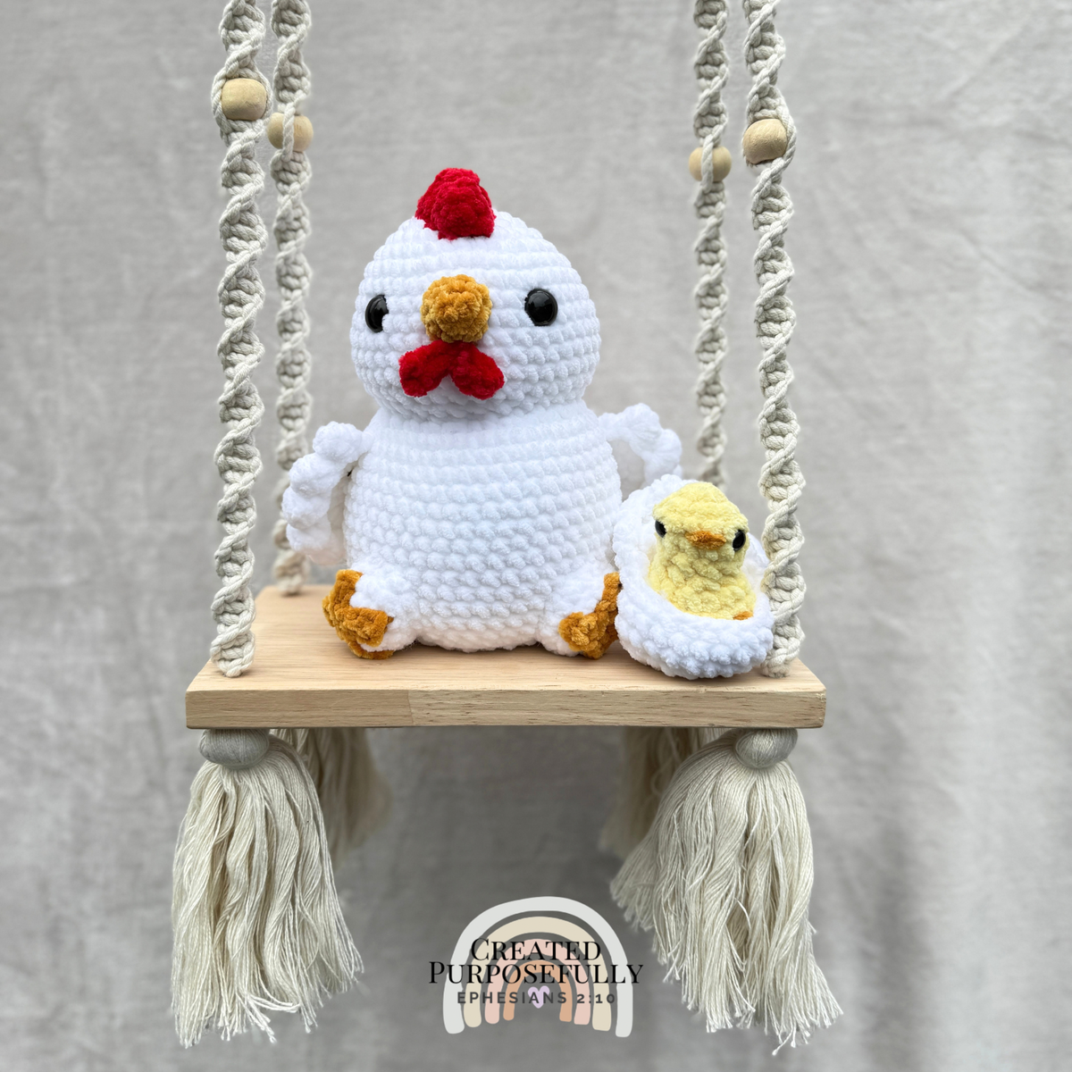 Handmade crochet chicken family with mama hen and one baby chick made with soft cuddly yarn by Created Purposefully