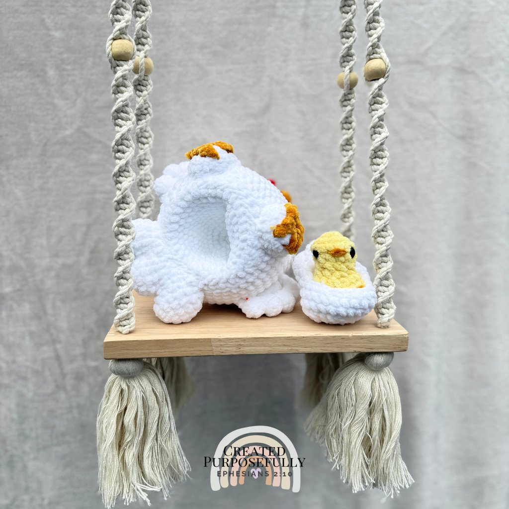 Handmade crochet chicken family with mama hen and one baby chick made with soft cuddly yarn by Created Purposefully