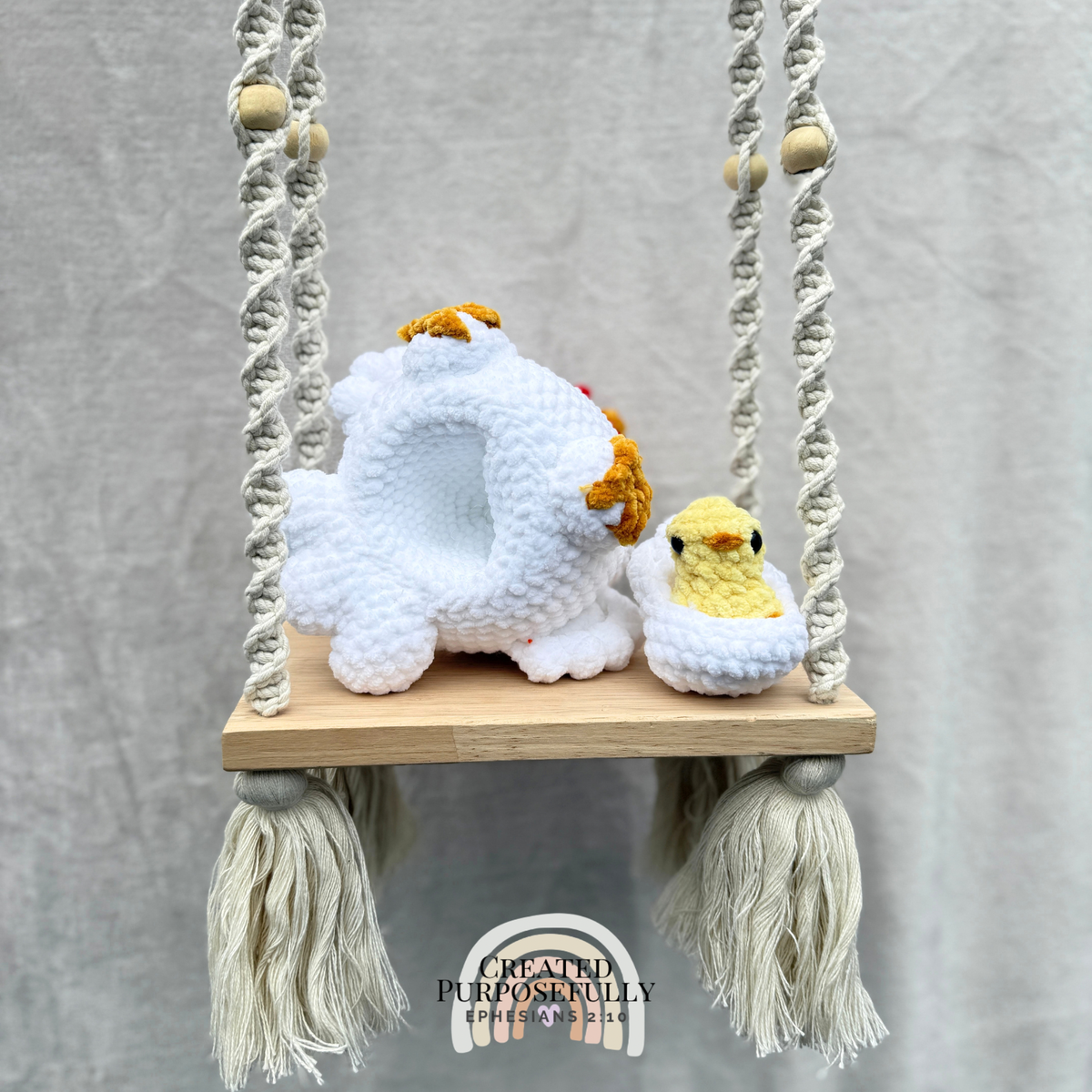 Handmade crochet chicken family with mama hen and one baby chick made with soft cuddly yarn by Created Purposefully