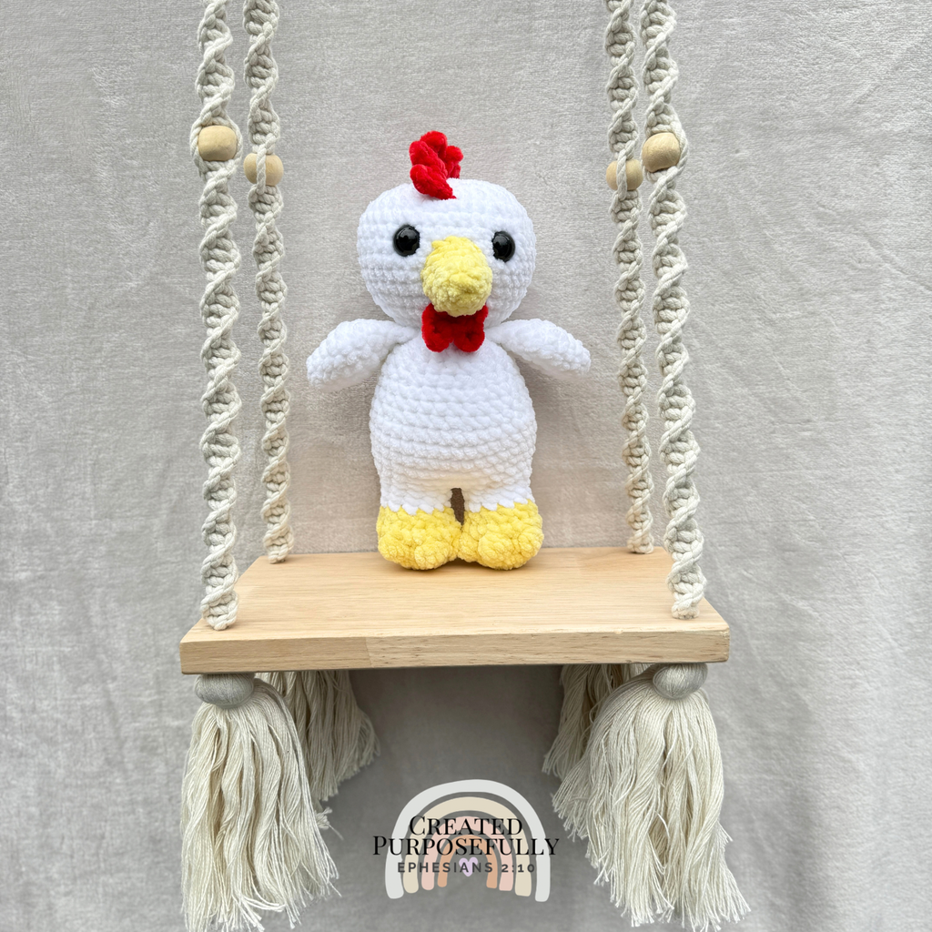 Handmade crochet chicken plush made with soft cuddly yarn by Created Purposefully