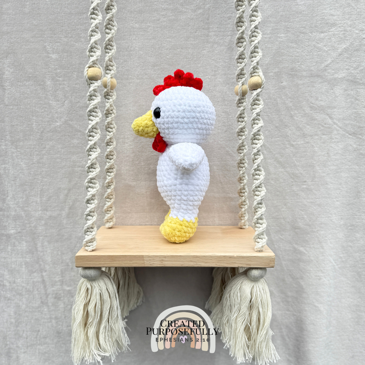 Handmade crochet chicken plush made with soft cuddly yarn by Created Purposefully