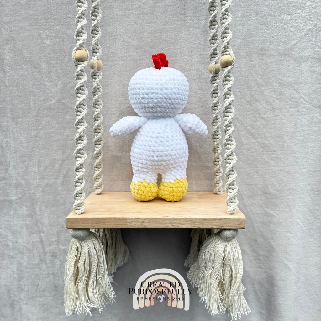 Handmade crochet chicken plush made with soft cuddly yarn by Created Purposefully