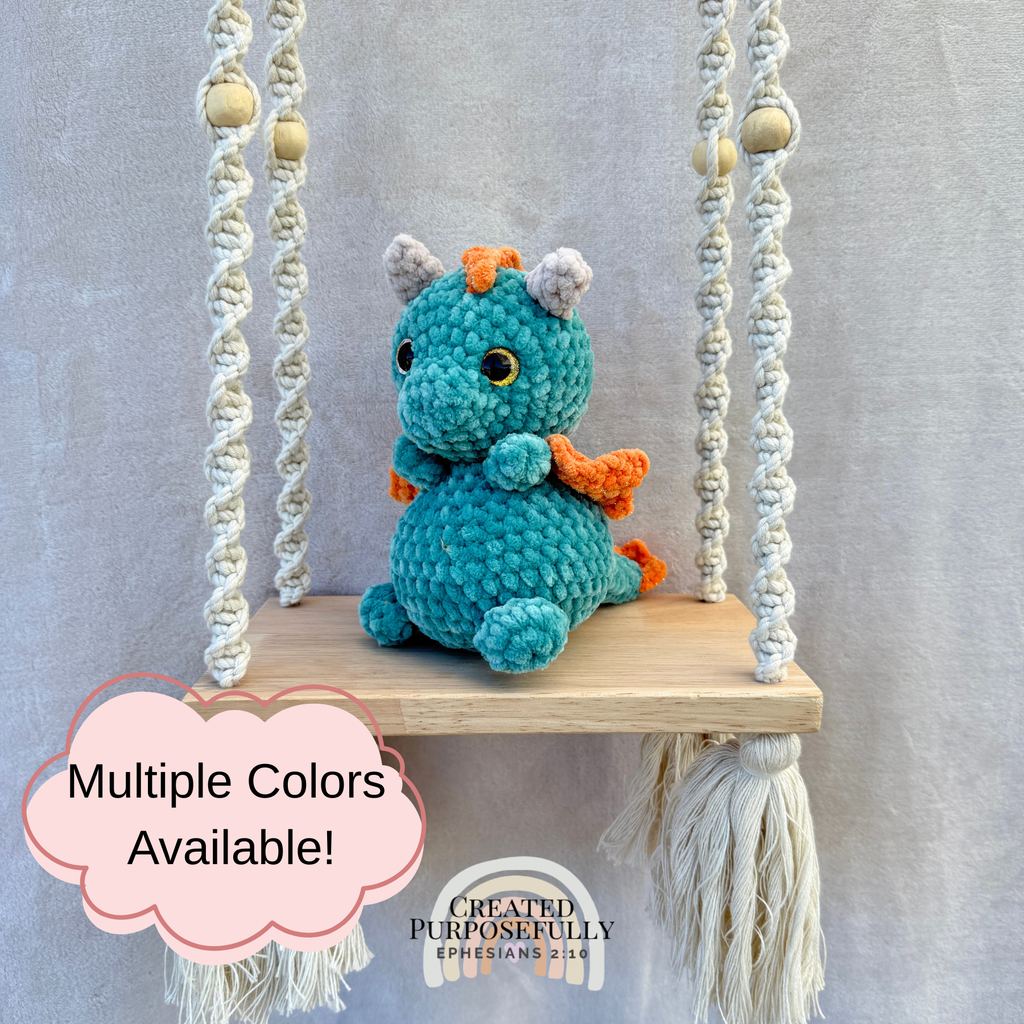 Handmade crochet dragon plush with wings made from soft cuddly yarn by Created Purposefully