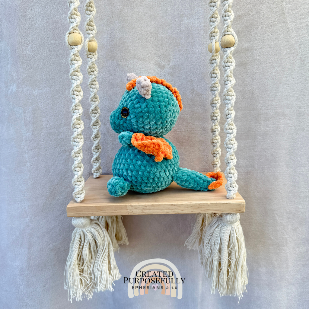 Handmade crochet dragon plush with wings made from soft cuddly yarn by Created Purposefully