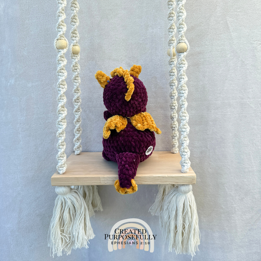 Handmade crochet dragon plush with wings made from soft cuddly yarn by Created Purposefully
