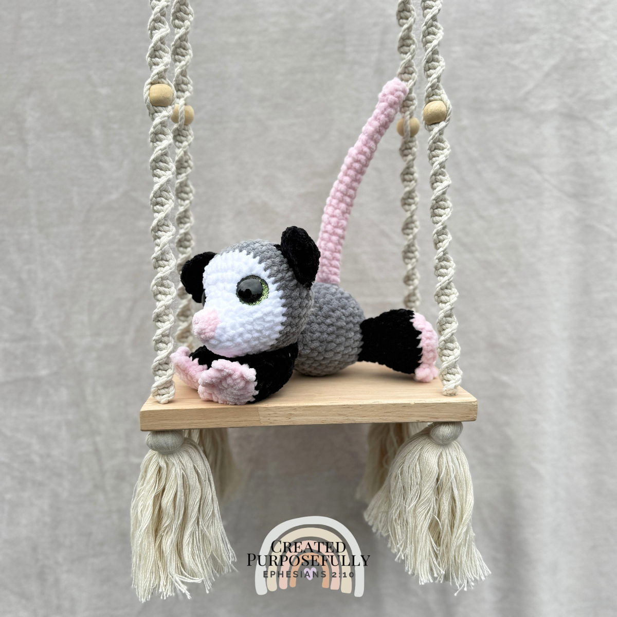 Handmade crochet opossum possum plush with cute ears and tail made with soft cuddly yarn by Created Purposefully