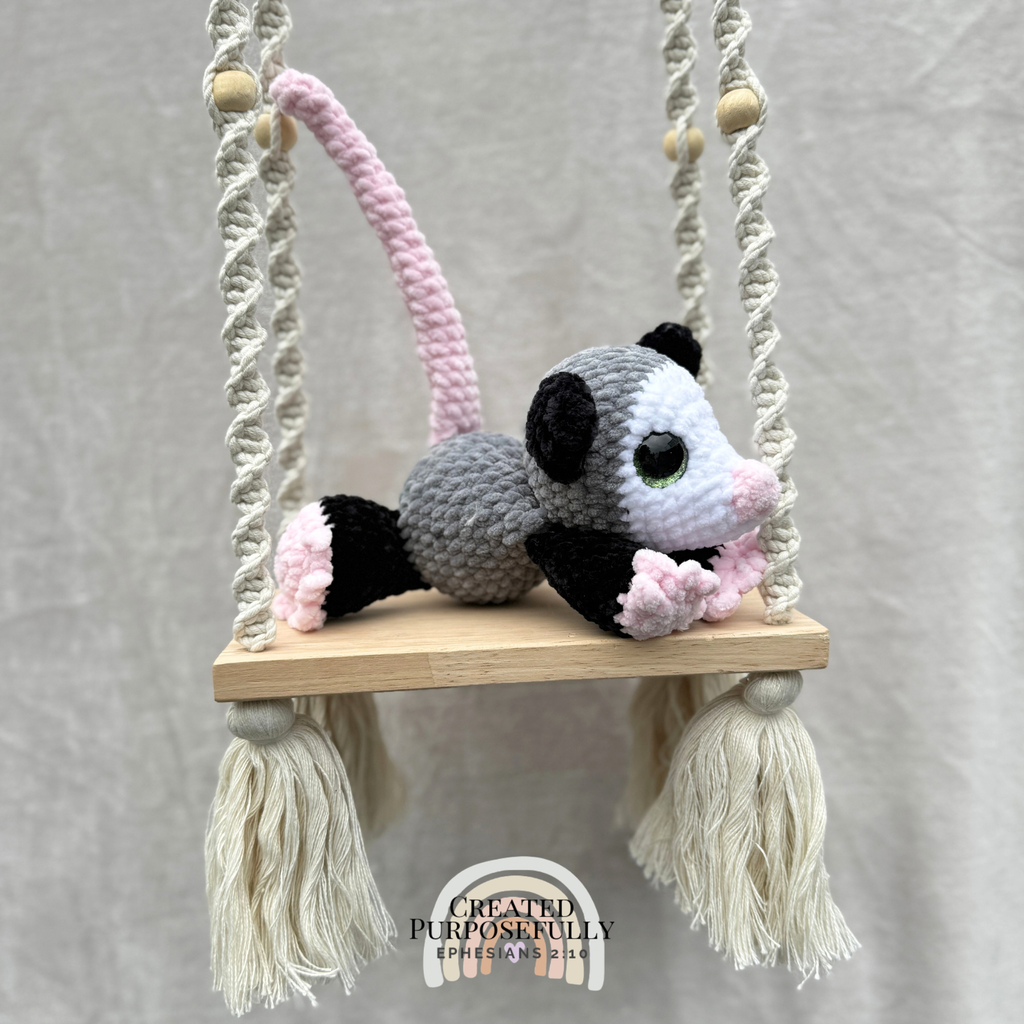 Handmade crochet opossum possum plush with cute ears and tail made with soft cuddly yarn by Created Purposefully