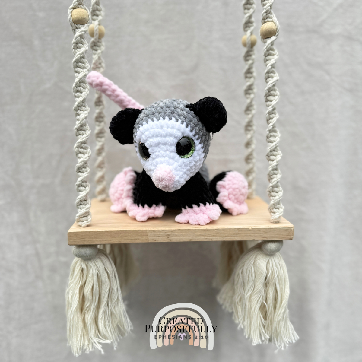 Handmade crochet opossum possum plush with cute ears and tail made with soft cuddly yarn by Created Purposefully