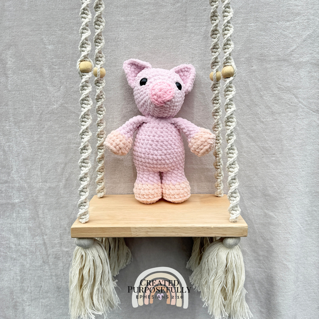 Handmade crochet pig plush with a cute piggy snout made with soft cuddly yarn by Created Purposefully