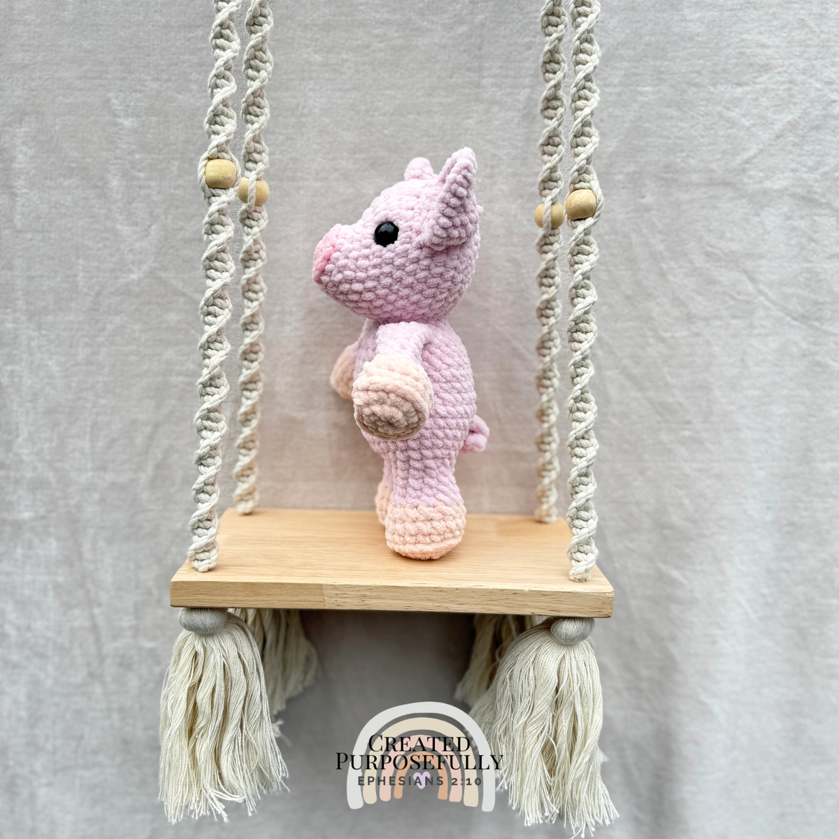 Handmade crochet pig plush with a cute piggy snout made with soft cuddly yarn by Created Purposefully