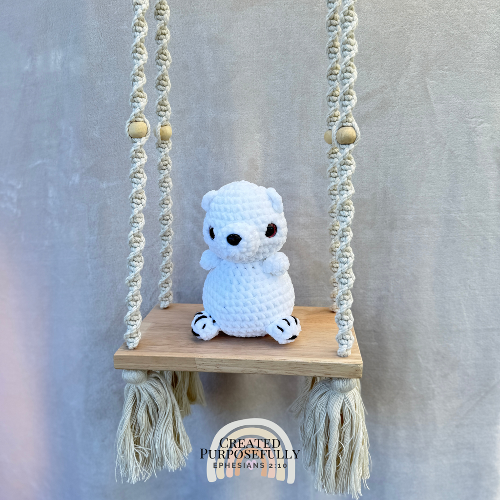 Handmade white crochet polar bear plush made with soft cuddly yarn by Created Purposefully