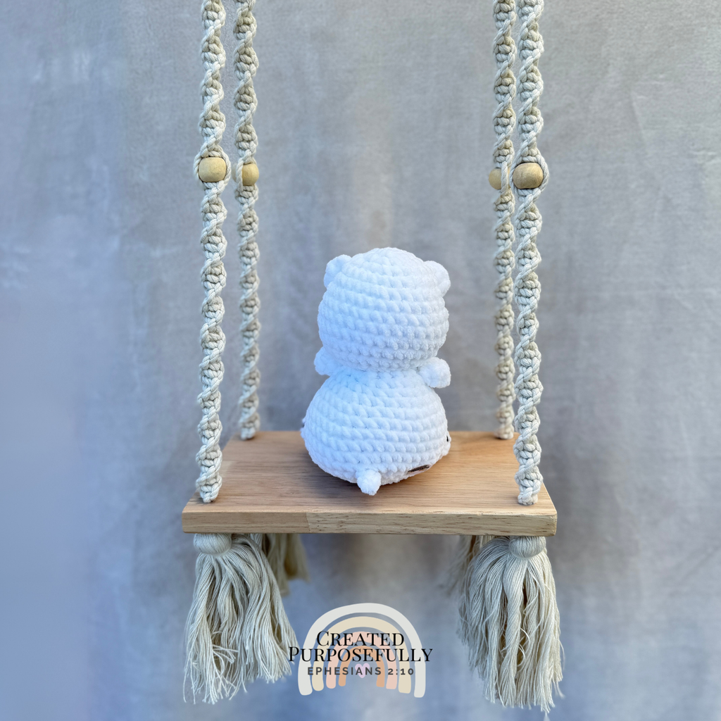 Handmade white crochet polar bear plush made with soft cuddly yarn by Created Purposefully