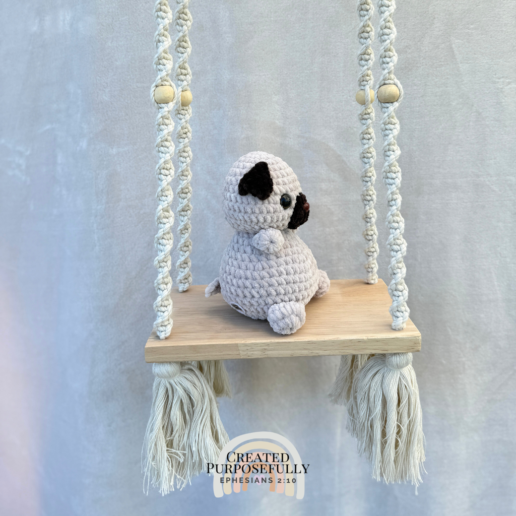 Handmade crochet pug dog plush made with soft cuddly yarn by Created Purposefully