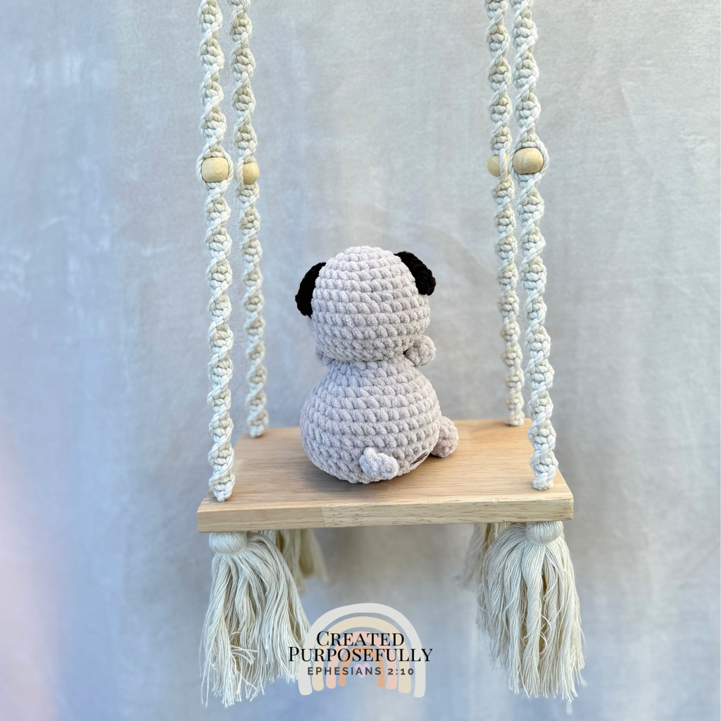 Handmade crochet pug dog plush made with soft cuddly yarn by Created Purposefully