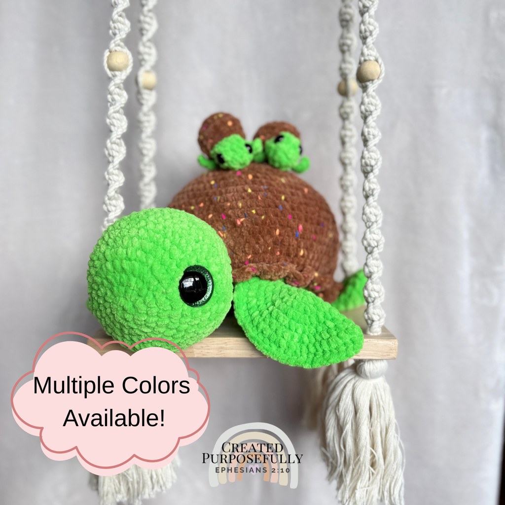 Handmade crochet sea turtle family with mama turtle and two baby turtles that tuck inside by Created Purposefully