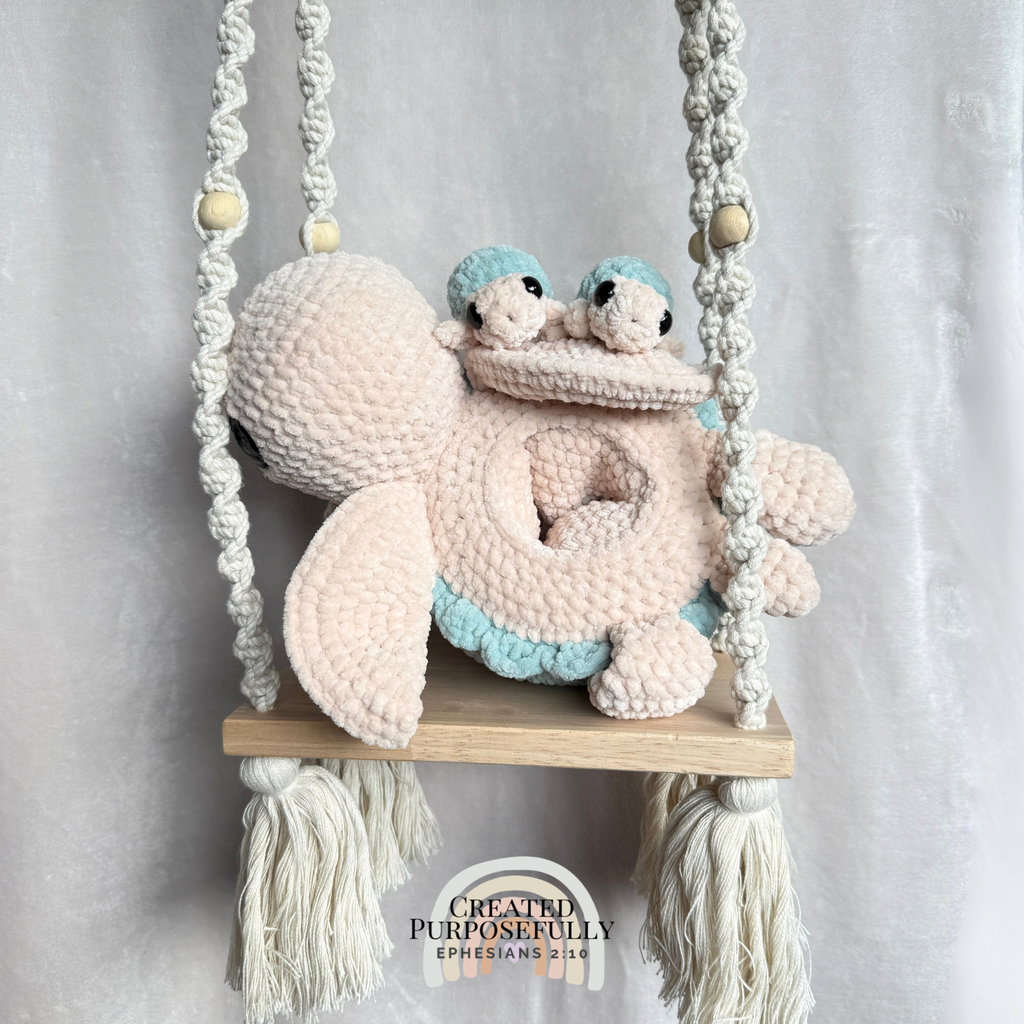 Handmade crochet sea turtle family with mama turtle and two baby turtles that tuck inside by Created Purposefully