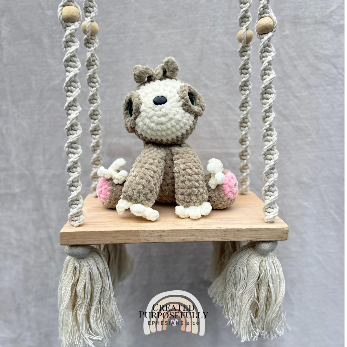 Handmade crochet sloth plush with a sweet face made with soft cuddly yarn by Created Purposefully