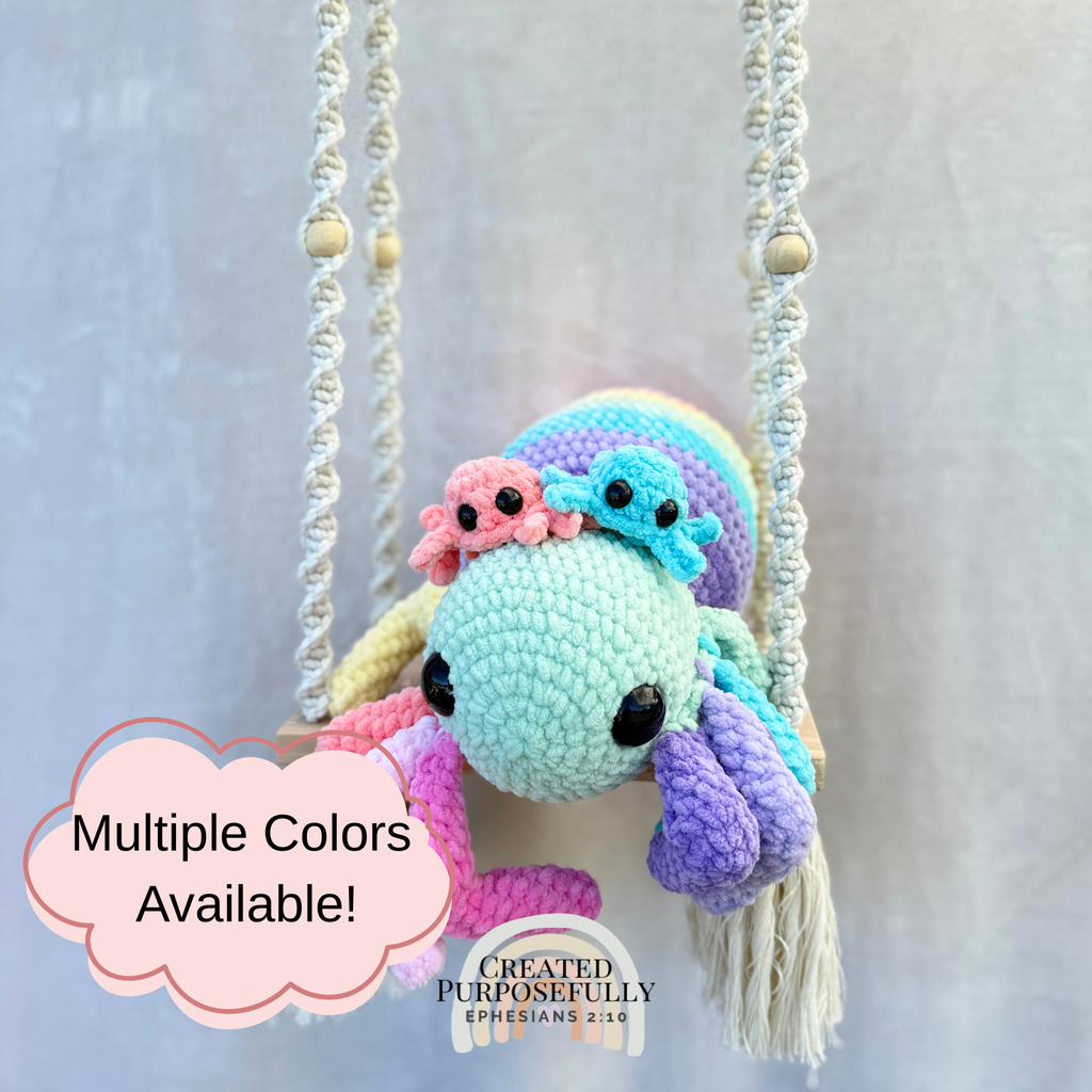 Handmade crochet spider family plush with mama spider and two baby spiders that tuck inside Mom by Created Purposefully