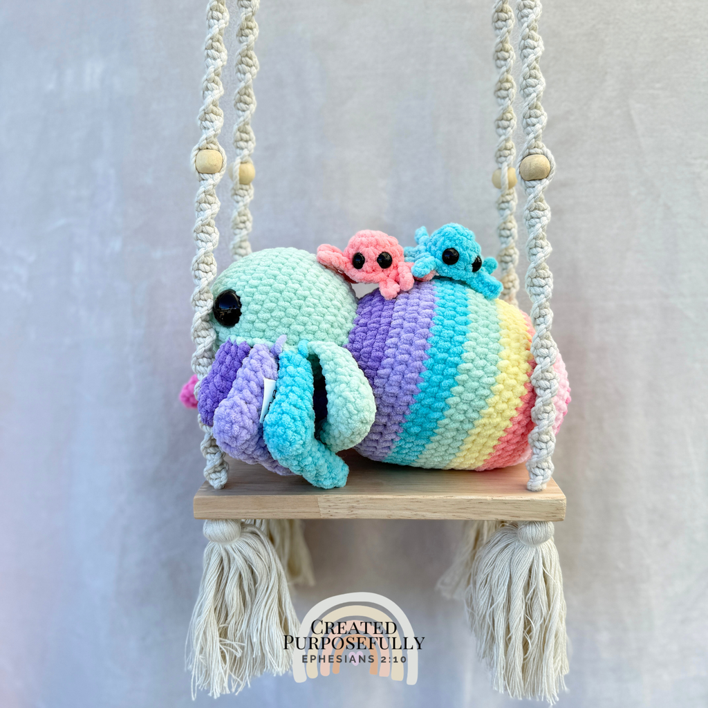 Handmade crochet spider family plush with mama spider and two baby spiders that tuck inside Mom by Created Purposefully