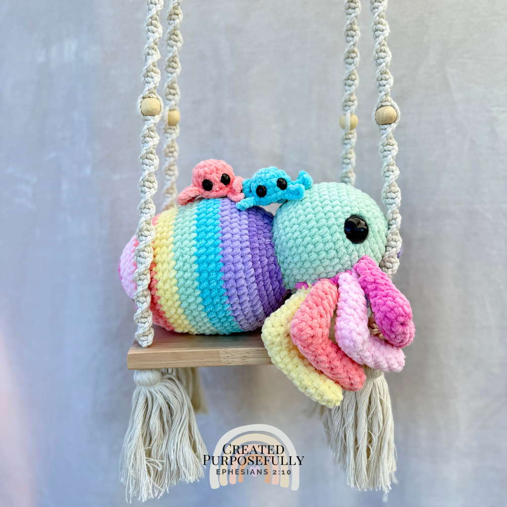 Handmade crochet spider family plush with mama spider and two baby spiders that tuck inside Mom by Created Purposefully
