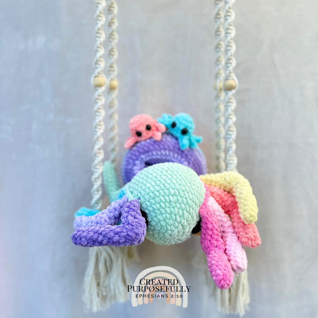 Handmade crochet spider family plush with mama spider and two baby spiders that tuck inside Mom by Created Purposefully