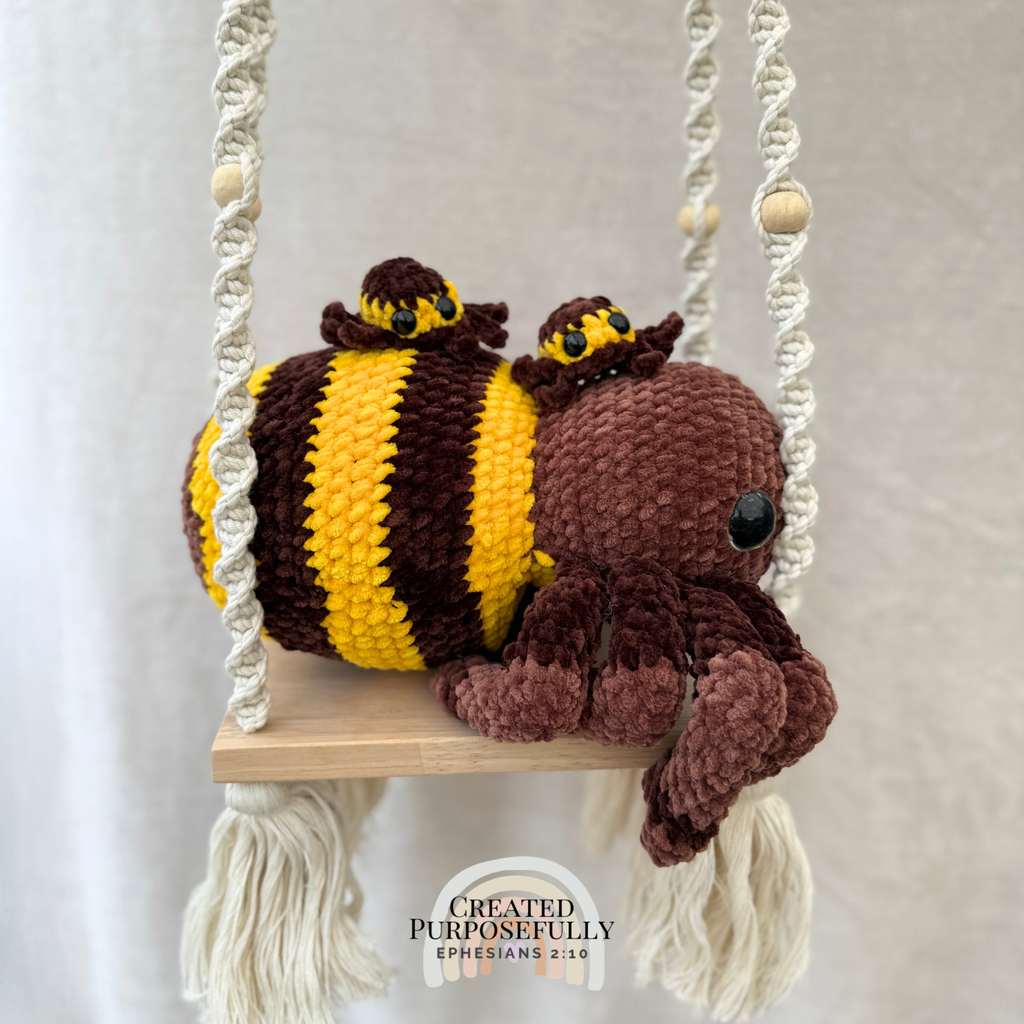 Handmade crochet spider family plush with mama spider and two baby spiders that tuck inside Mom by Created Purposefully