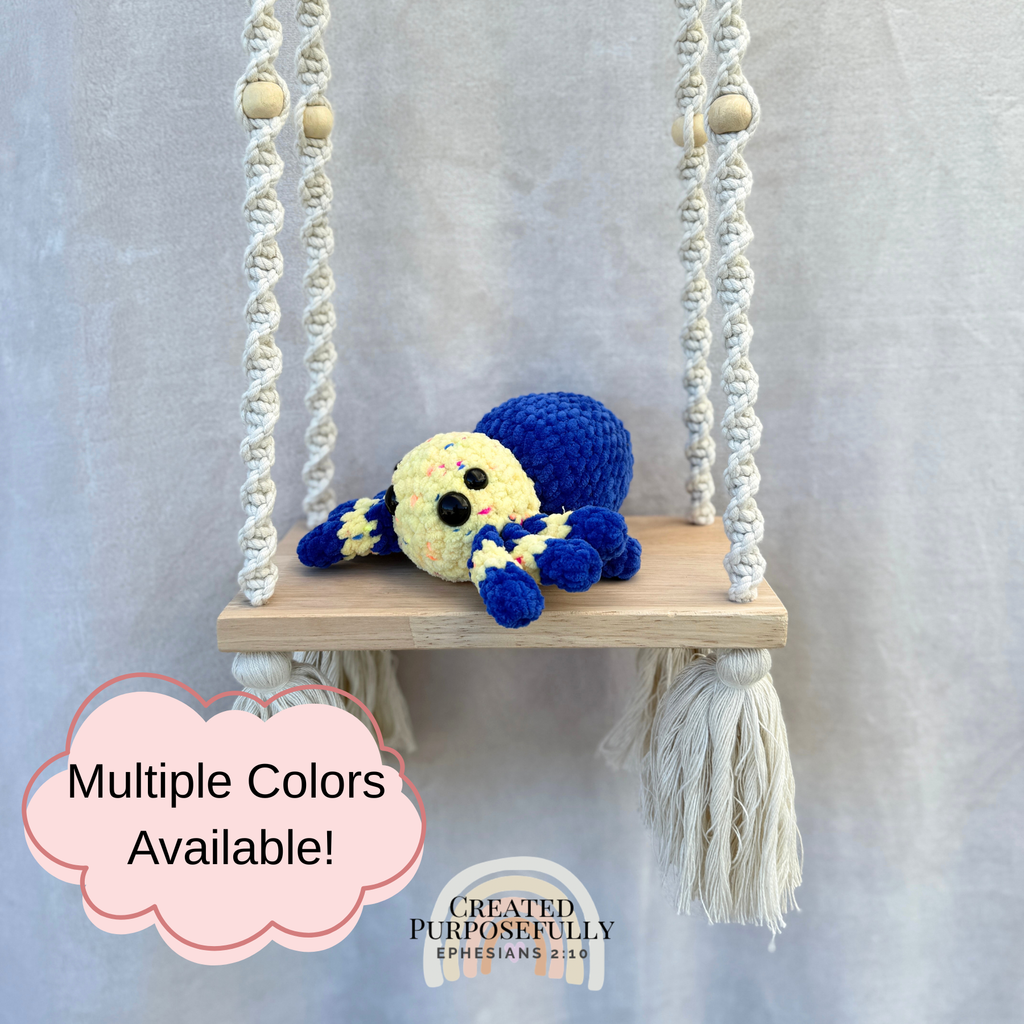 Handmade crochet spider plush with eight legs made with soft cuddly yarn by Created Purposefully