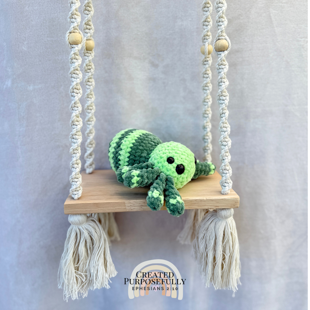 Handmade crochet spider plush with eight legs made with soft cuddly yarn by Created Purposefully