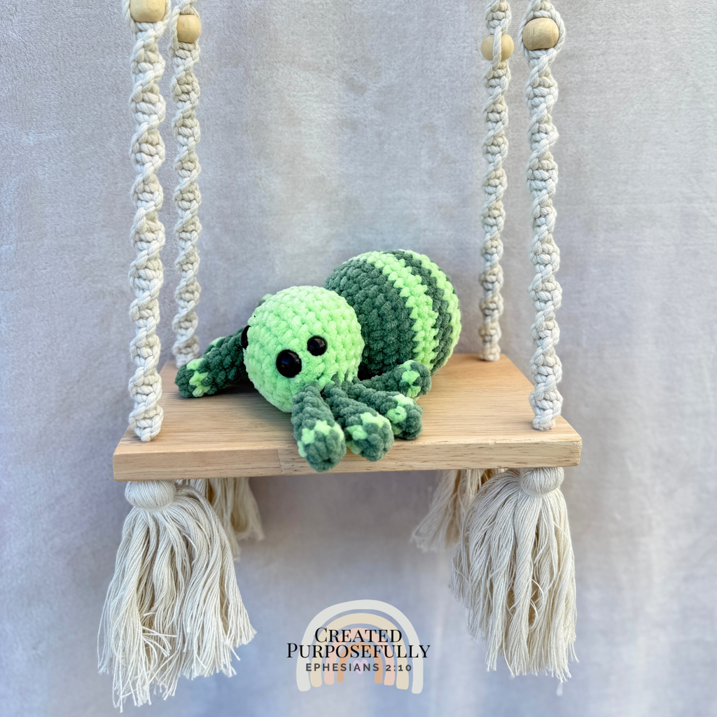 Handmade crochet spider plush with eight legs made with soft cuddly yarn by Created Purposefully