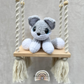 Handmade crochet wolf plush with pointed ears and fluffy tail made with soft cuddly yarn by Created Purposefully