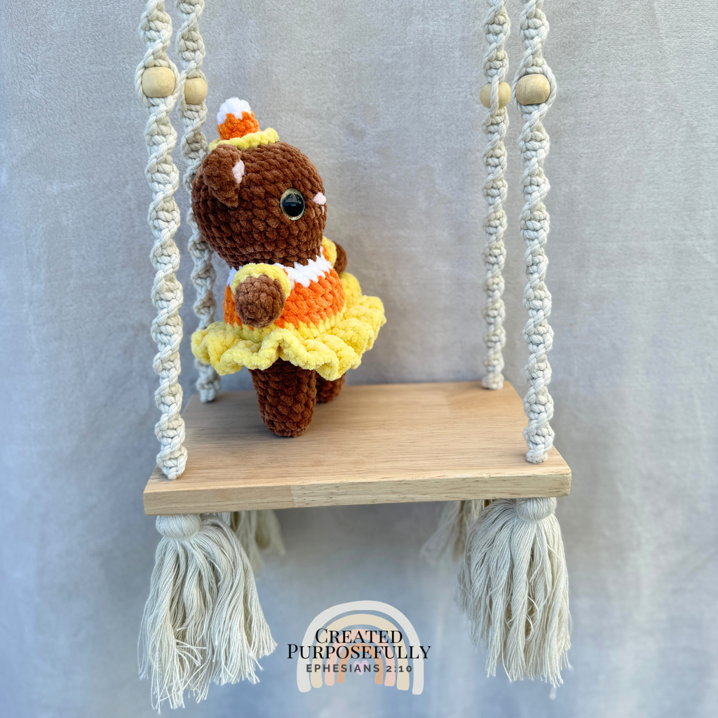 Handmade Halloween Candy Corn Cat crochet plush dressed in a cute witch costume by Created Purposefully