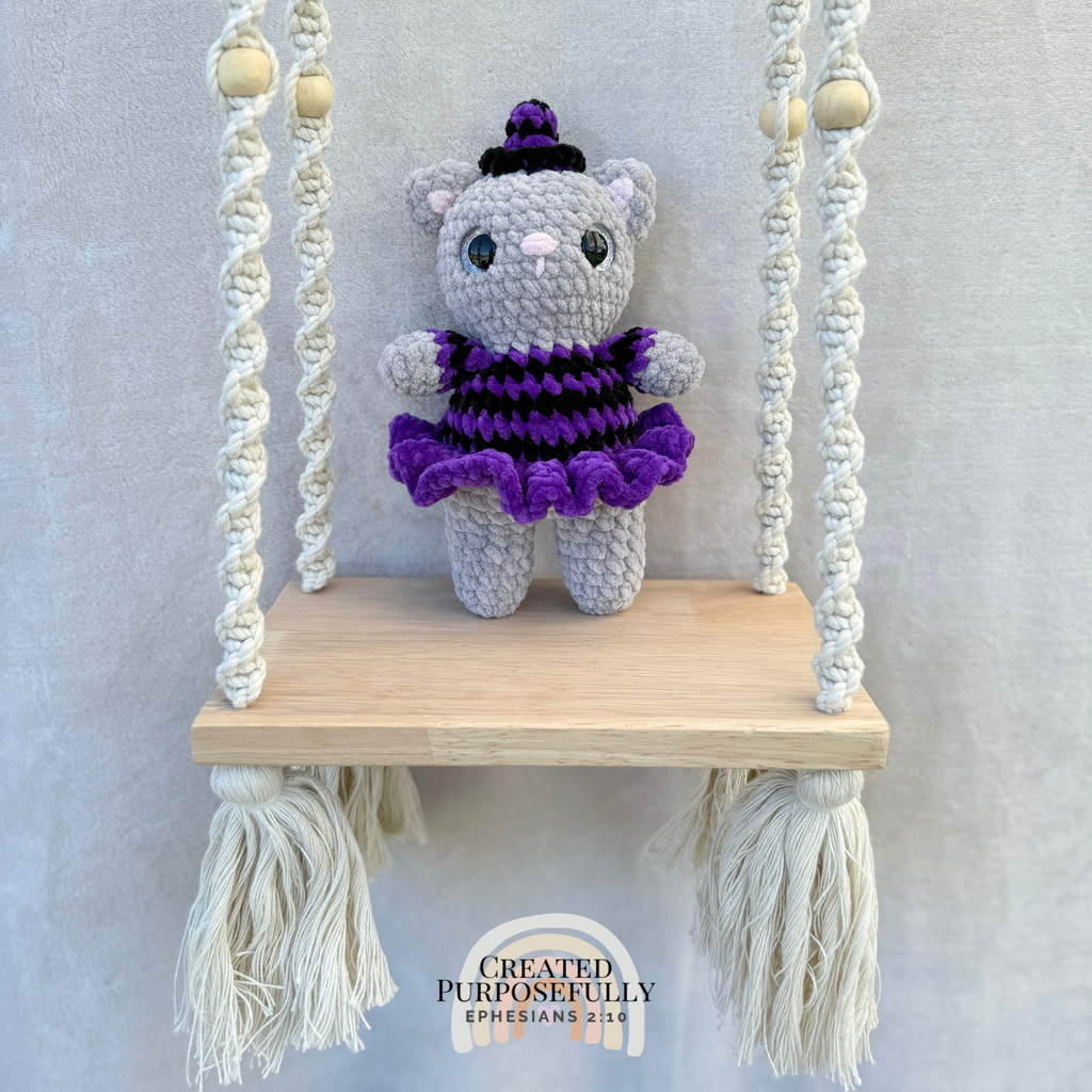Handmade Halloween Witch Cat crochet plush dressed in a cute witch costume by Created Purposefully