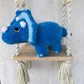 Handmade blue standing triceratops crochet plush made with soft plush yarn and adorable dinosaur details