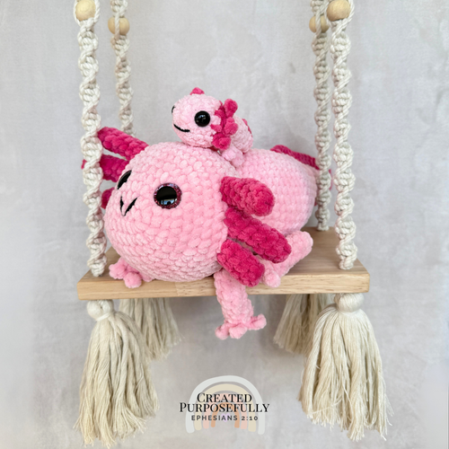 Handmade crochet axolotl family with one mama axolotl and one baby made with soft plush yarn