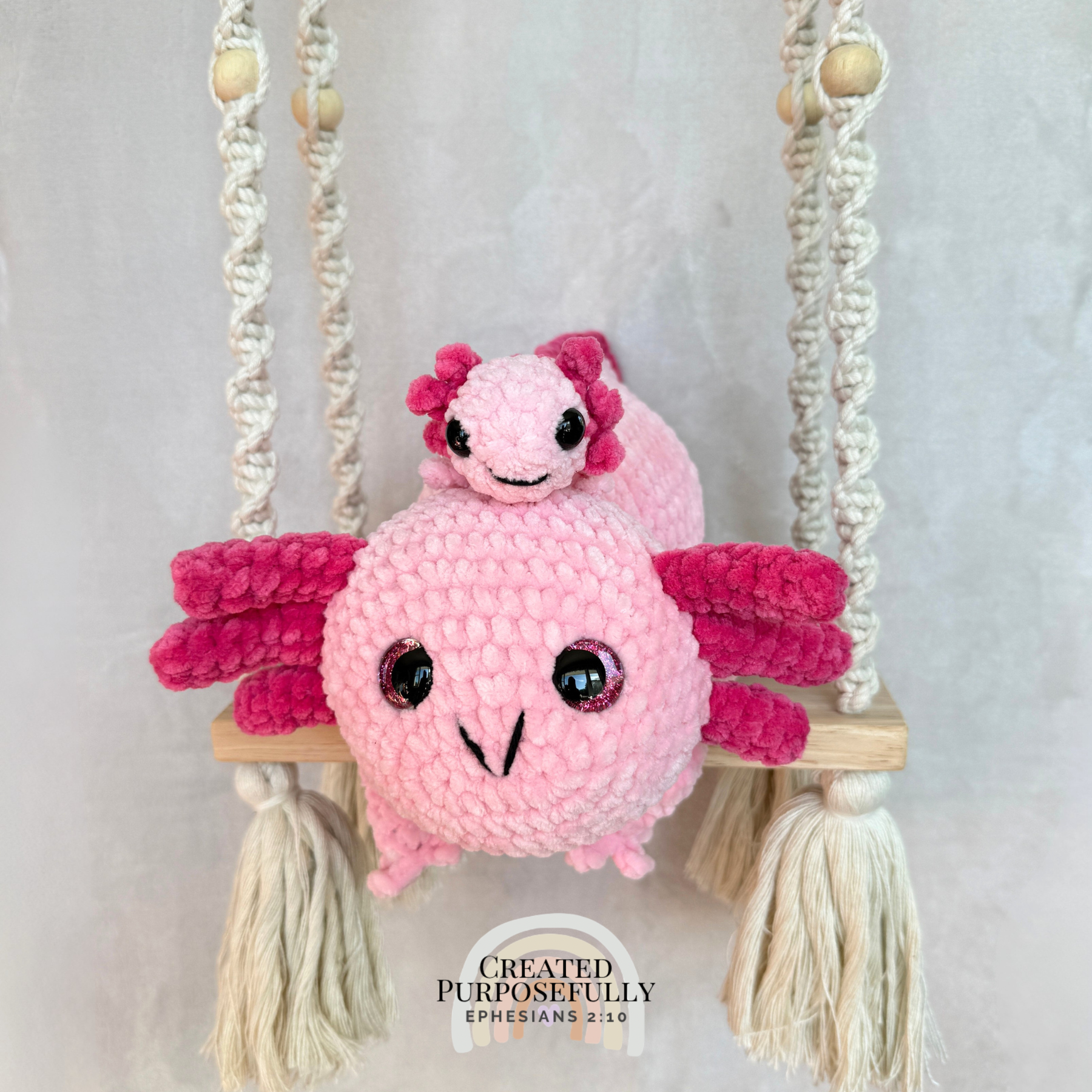 Handmade crochet axolotl family with one mama axolotl and one baby made with soft plush yarn