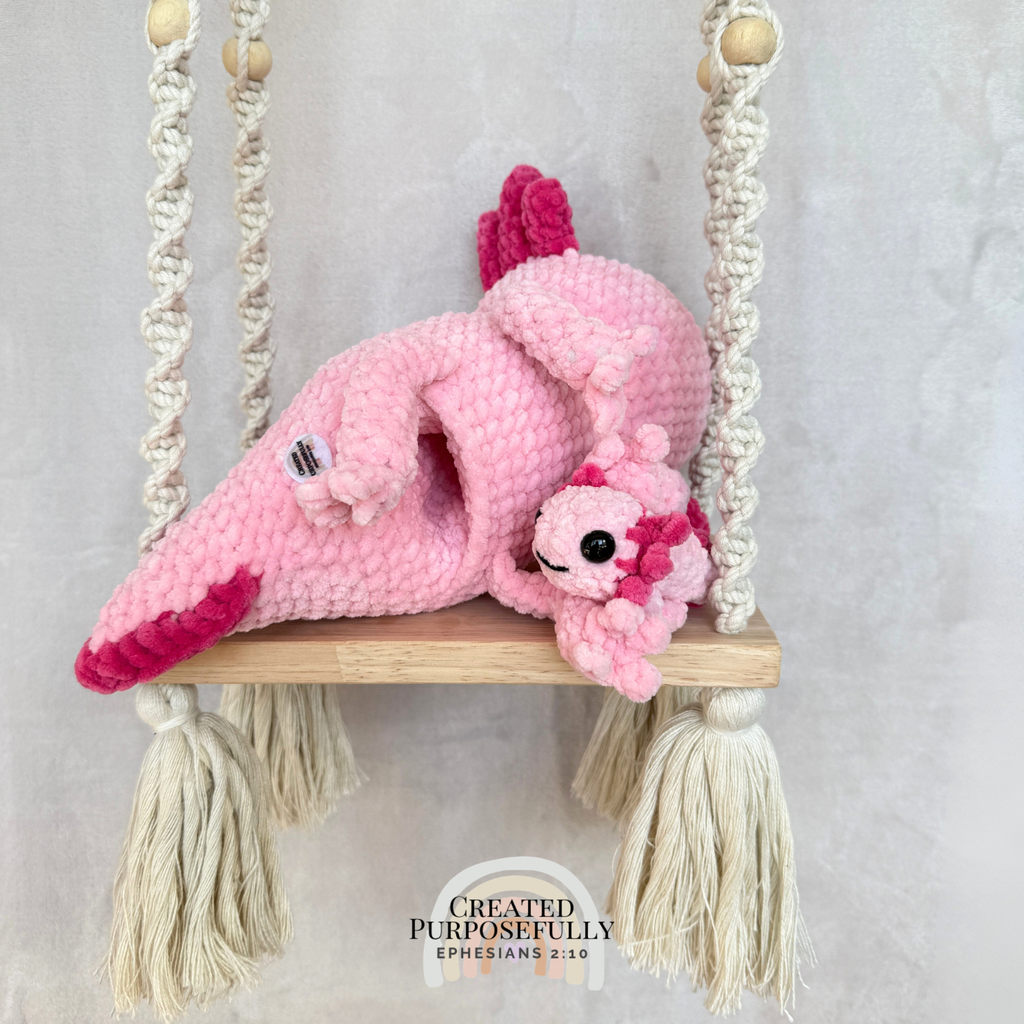 Handmade crochet axolotl family with one mama axolotl and one baby made with soft plush yarn