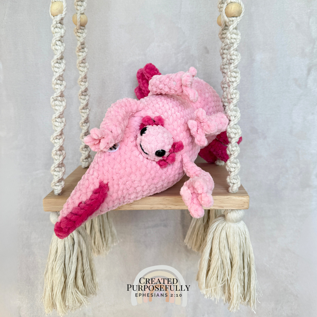 Handmade crochet axolotl family with one mama axolotl and one baby made with soft plush yarn