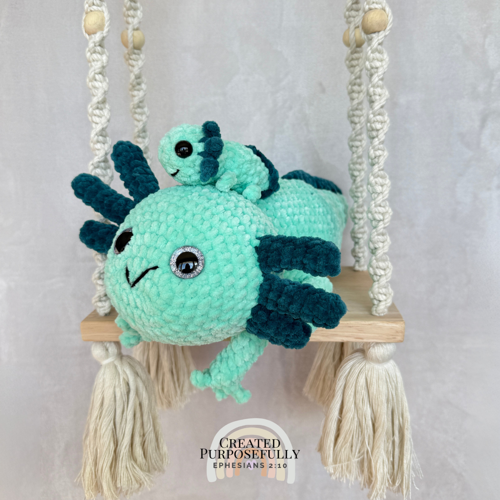 Handmade crochet axolotl family with one mama axolotl and one baby made with soft plush yarn