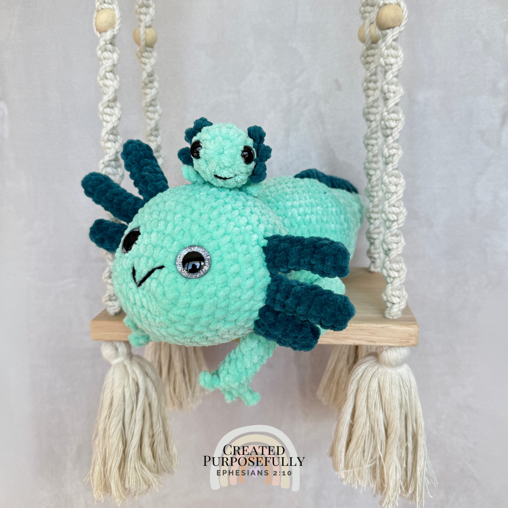 Handmade crochet axolotl family with one mama axolotl and one baby made with soft plush yarn
